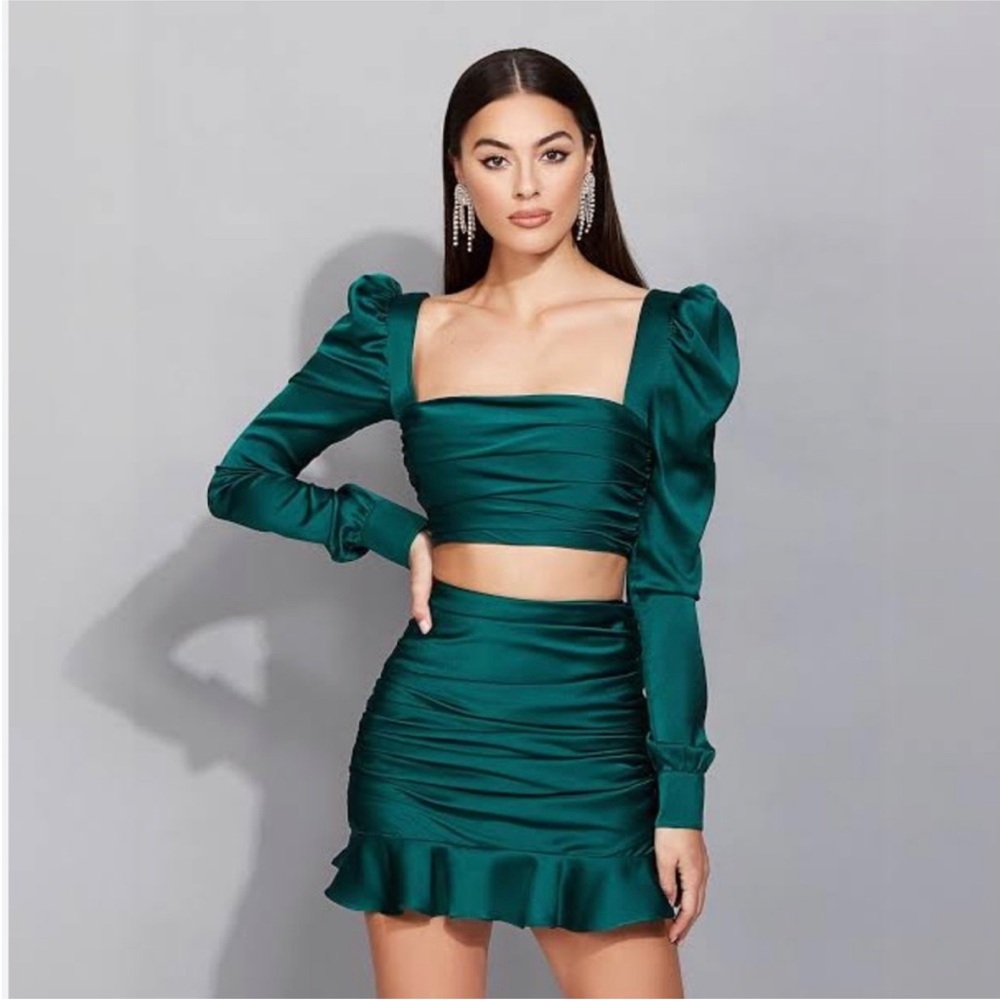Nookie Emerald Green Satin Crop Top & Skirt Set XS